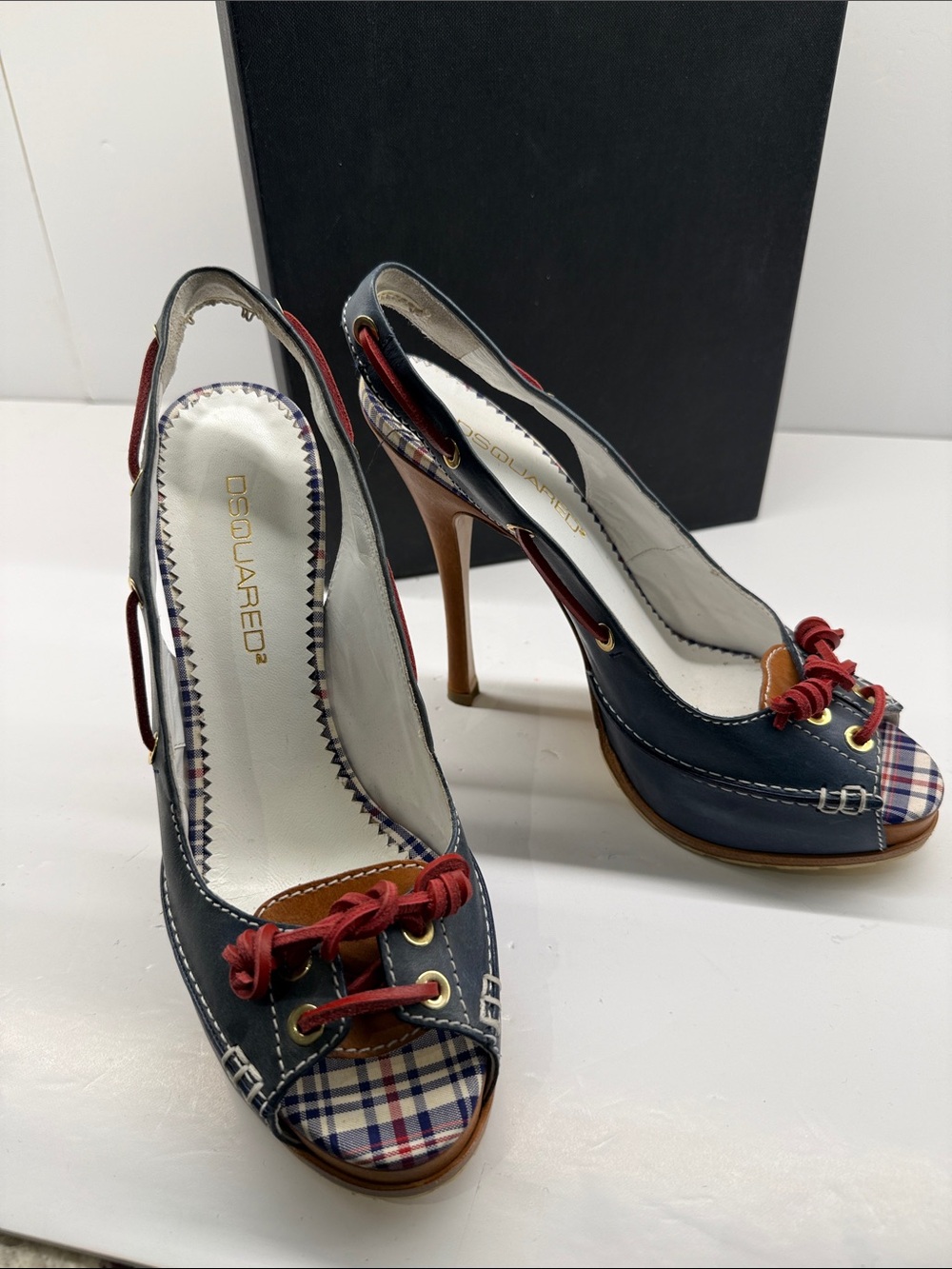 DSQUARED2 Navy, Red and Plaid Peep-Toe Slingback Heels